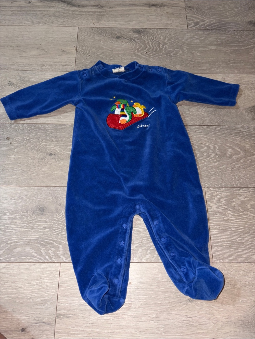 Old Navy Royal Blue Plush Footed Baby One-Piece with Sled Applique